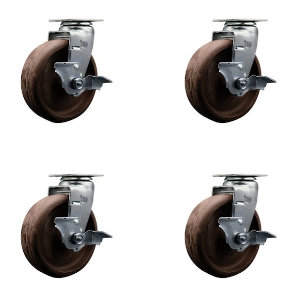 6'' High Temp Glass Filled Nylon Swivel Caster Set w/Bronze Bearing and Brake, 4PK